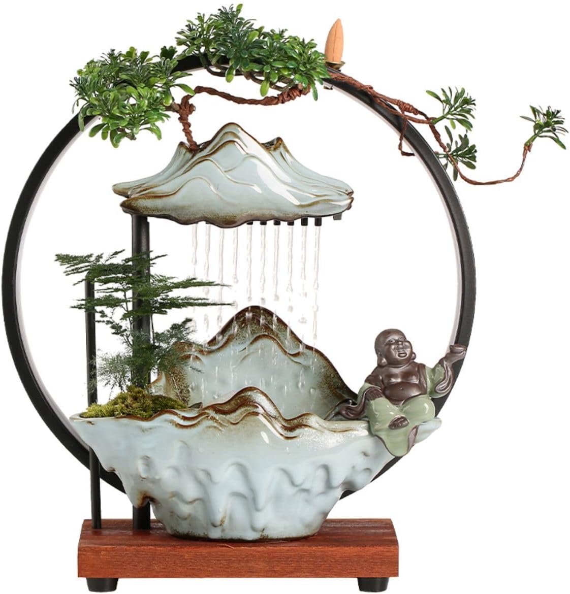 Ecqizer Ceramic Tabletop Fountain/流水摆件/Indoor Outdoor Portable Tabletop Decorative/Feng Shui Ornament for Bringing Wealth/招财办公室假山喷泉循环家居客厅桌面开业生财乔迁送礼品(湖光山色雨帘流水器-开怀大笑弥勒), Black, 9471987787122