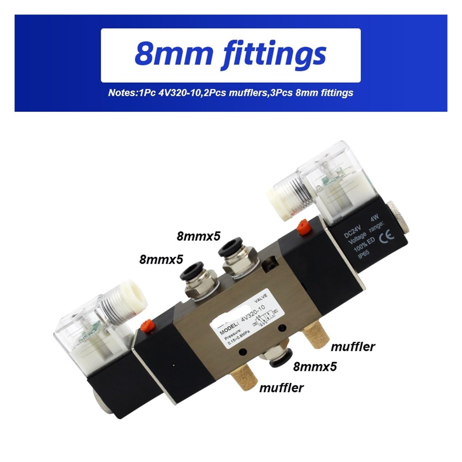 Electroválvula neumática de 5 vías y 2 Posiciones BSPT de 3/8" 4V320-10 CC 12 V 24 V CA 110 V 220 V con Conector de 6 mm, 8 mm, 10 mm y 12 mm(with 8mm Fittings,4V320-10 DC12V)