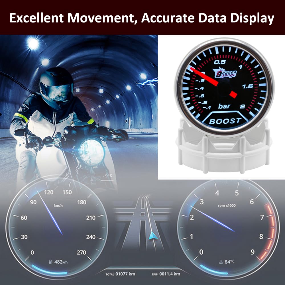 ETOPARS Universale Auto Turbo Boost Manometro 2 Pollici 52mm Turbo Boost Misuratore Bar Boost Puntatore Indicatore Calibro Bianco Luce Boost Pressione Strumenti Lente Tinta Fumo
