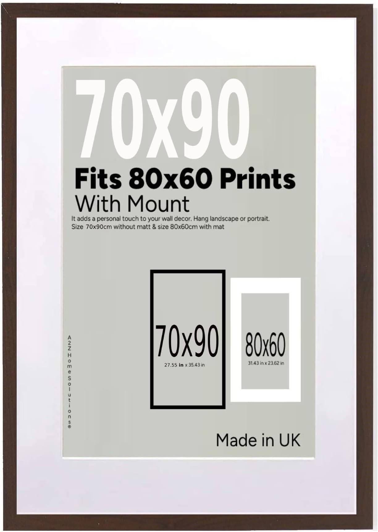 A2Z Home Solutions® Wall Photo Frame Mahogany 70x90 cm Frame With 80x60 cm Mount Picture Poster Print With Clear HD Perspex 30x15 MM Moulding Mounting Hooks MDF Backboard