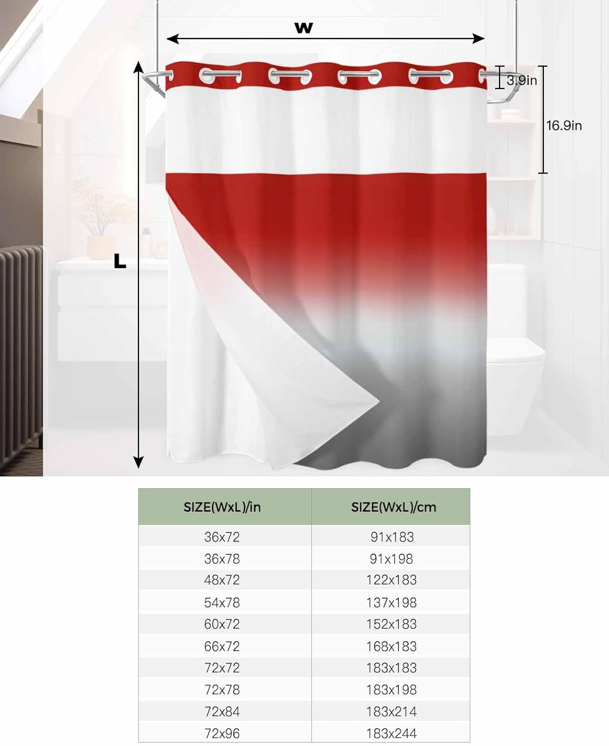 No Hook Cloth Fabric Shower Curtain with Snap in Liner, Modern Simple Waterproof Shower Curtains Set with See Through Top Window, Red Gray Gradient Bath Curtains Shower 66"x72"