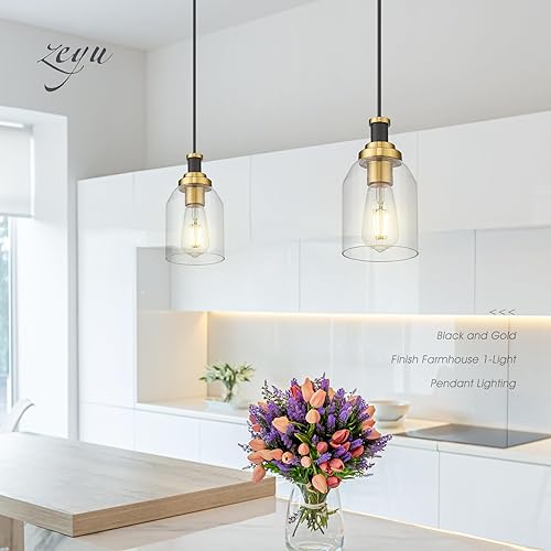 Miniatura 3 de zeyu ZG33M1L BK+BG - Lámpara colgante de cristal de 1 luz para cocina, comedor, pantalla de cristal transparente, acabado negro y dorado, ZG33M1L