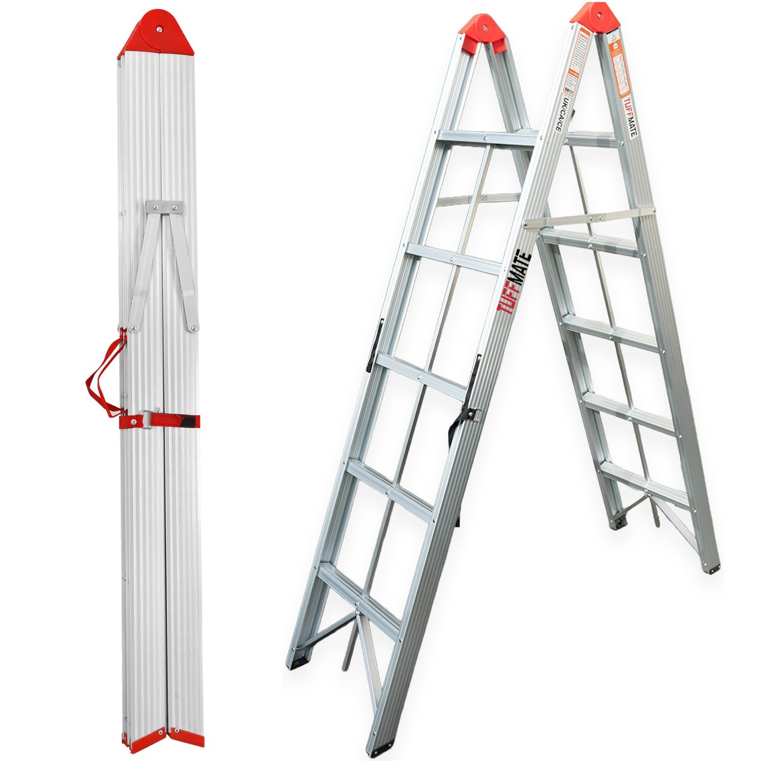 Tuffmate Silver Foldable 5 Step Ladder Unique Folding Design Folds In Half To Make It Easy To Transport 1.2M 5 Treads Aluminium