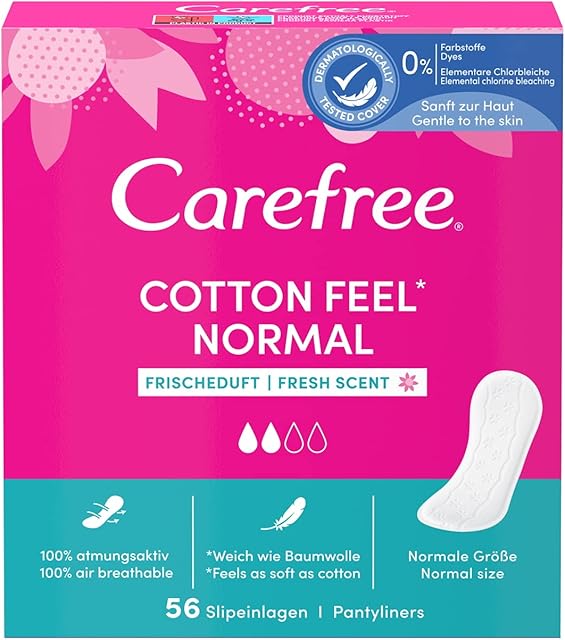 Carefree Wkładki higieniczne Cotton o świeżym zapachu, przepuszczająca powietrze wkładka z wyciągiem z bawełny (1 x 56 wkładów)