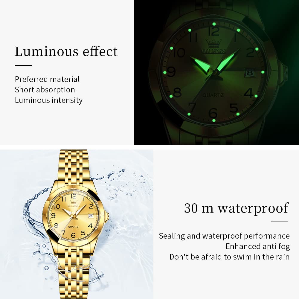OLEVS Damenuhren Leicht zu lesen Armbanduhr mit Kleines Gesicht Gold Silber Edelstahlband Leuchtend wasserdichte Kalender Luxus Armbanduhr