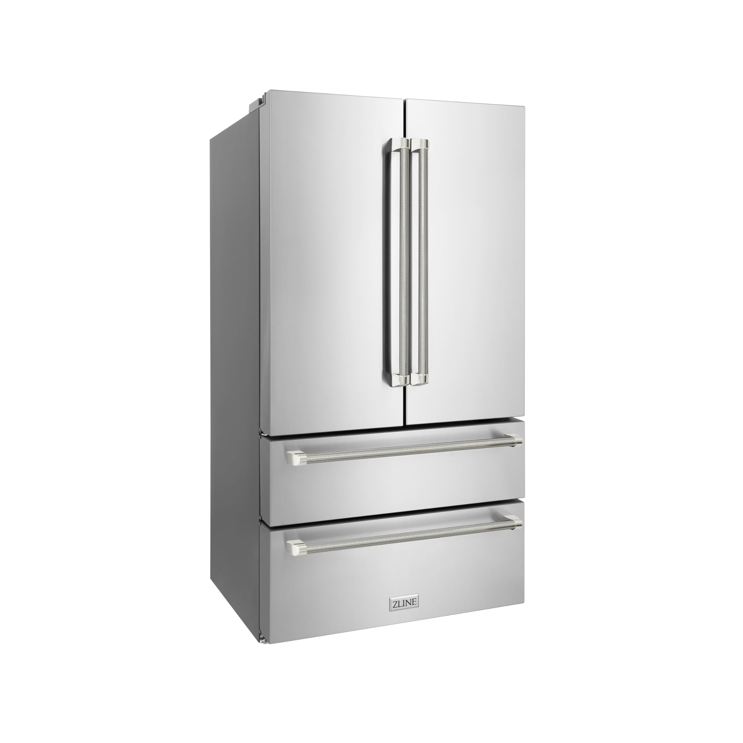 ZLINE Autograph Edition 36 in. 22.5 cu. ft. Counter-Depth French Door Refrigerator with Ice Maker in Fingerprint-Resistant Stainless Steel and Polished Nickel Helix Handles (RFMZ-36-KPN) on Fridge.com