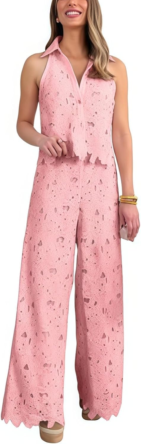 Women Two Piece Outfits Lapel Hollow out Lace Vest Pants Set, Floral Sleeveless Cropped Vest and Wide Leg Pants Suits Summer