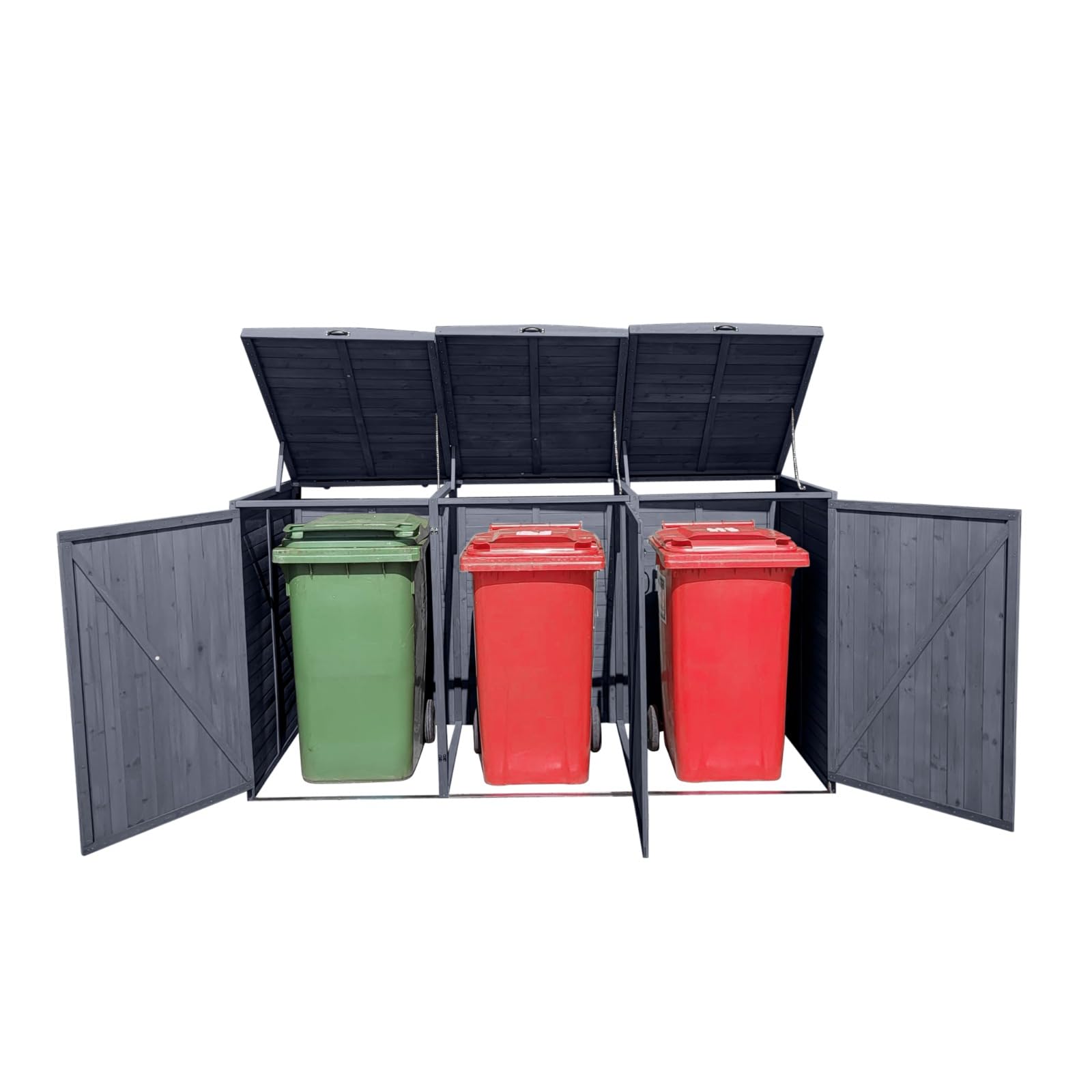 Rangement pour poubelles à roulettes en Bois - Triple Portes à Ouverture individuelle et sur Le Dessus avec Serrure séparée - Poubelle Non Incluse (Triple Porte, Gris)