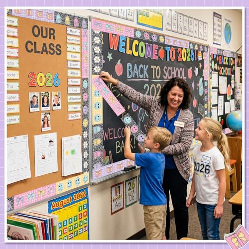 Image of 60 Pcs 69 ft Pastel Composition Bulletin Board Border | Pastel Border Trim Cute Bow Smile Faces Flower Grid Straight Borders for Back to School Classroom Chalkboard Wall Decor