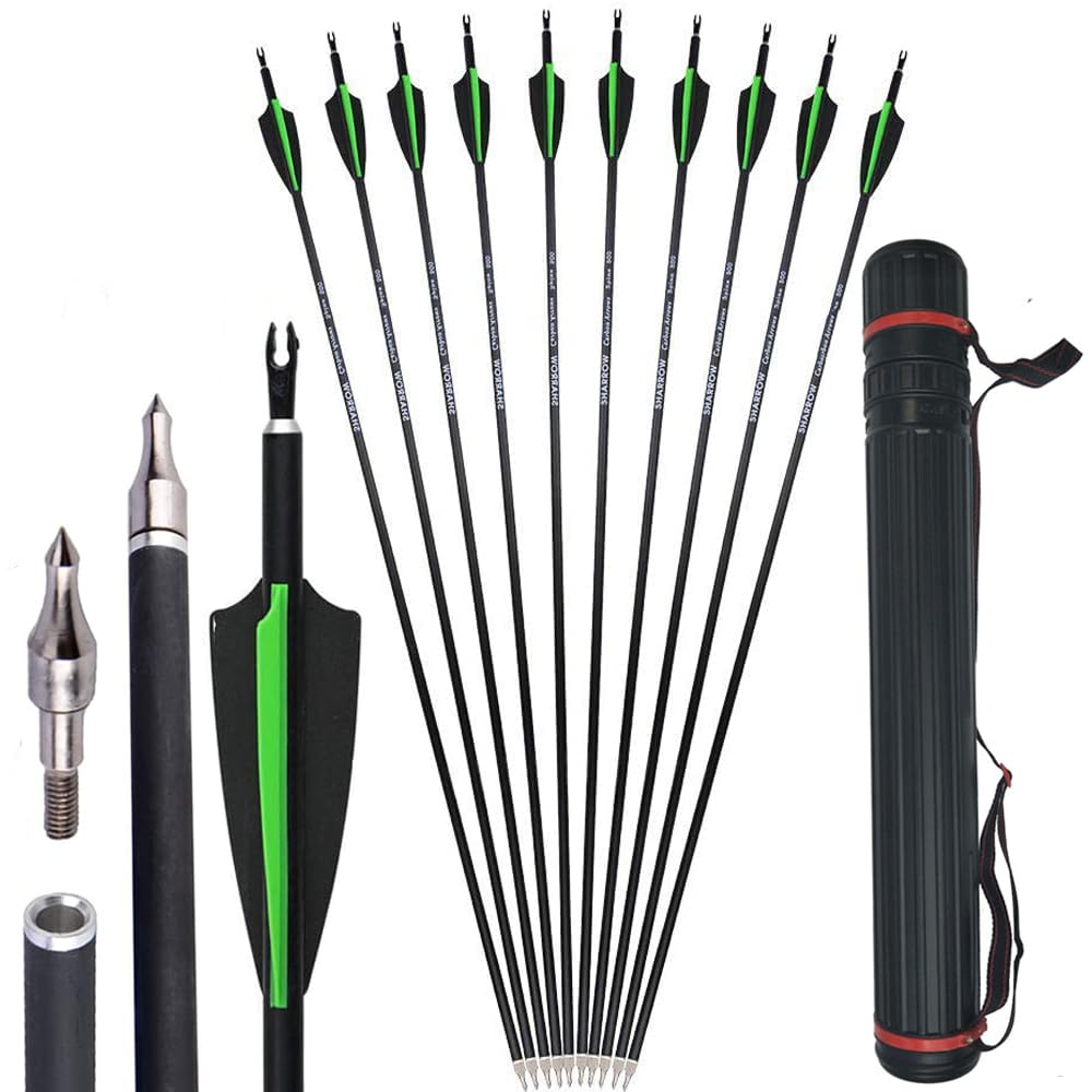 AMEYXGS 12 Stück Carbonpfeile Kohlenstoff Pfeile für Bogenschießen 30 Zoll Zielpfeile Spine 500 Bogenpfeile Jagd Pfeile mit Ersetzen Pfeilspitzen für Recurvebogen Compoundbogen Langbogen