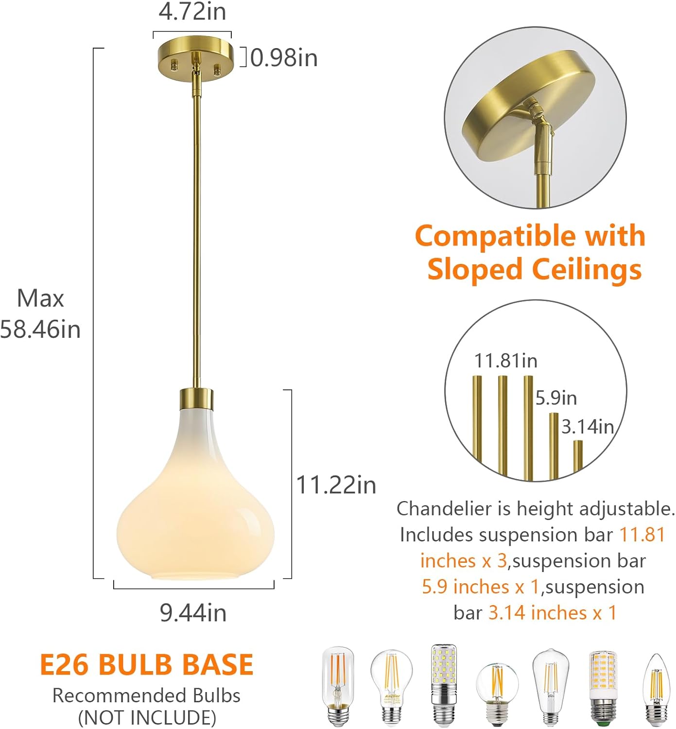 Modern Glass Pendant Light 9.44 in MilkyLuster Glass Shade Gold Farmhouse Island Pendant Lights for Kitchen Pendant Lighting Over Sink Bedroom Dining Room