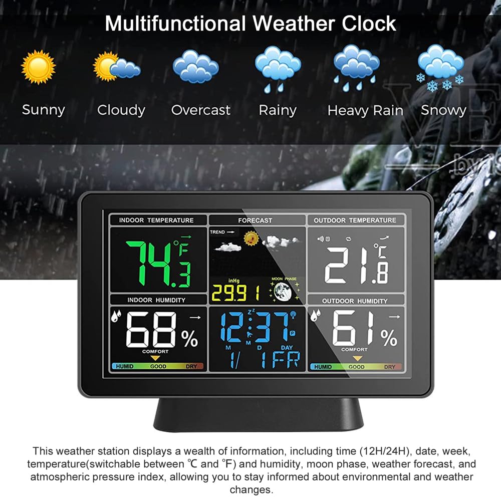 Wetterstation Funk-Thermometer für den Innen- und Außenbereich Temperatur- und Feuchtigkeitsmonitor 7,5-Zoll-Farbbildschirm mit Atomuhr und einstellbarer Hintergrundbeleuchtung Uhr