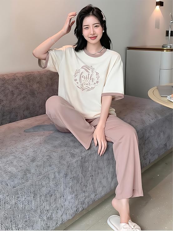 Image of KSHS Printed Round Neck Short Sleeve Nightsuit Set | Pajama Set | Casual Night Dress for Women