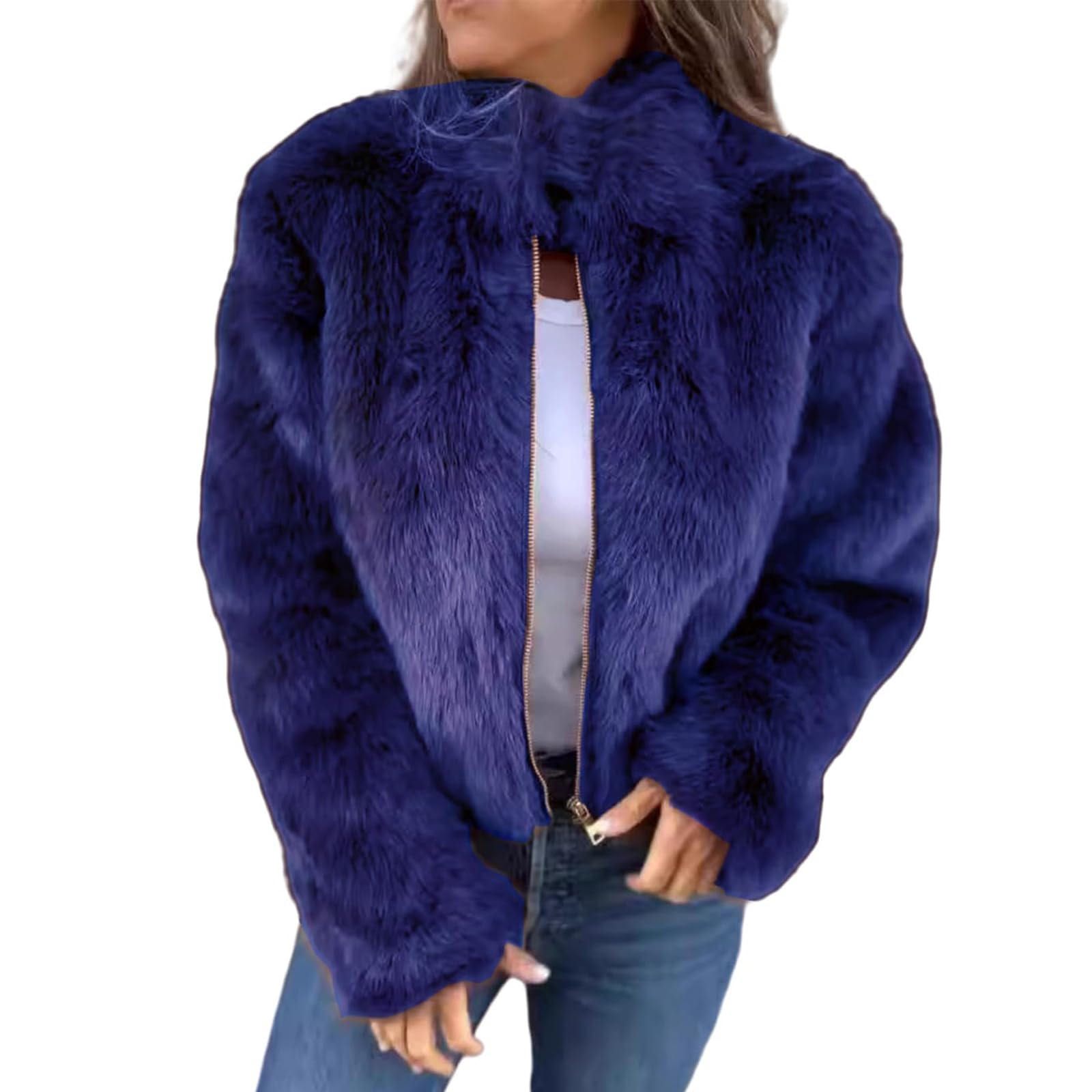 Nbzsmlkn Women's Blue High Collar Fur Zipper Casual Jacket,Shaggy Warm Open Front Cardigan Coat Casual Long Sleeve Fluffy Outerwear, Cropped Faux Fur Jacket (,L)