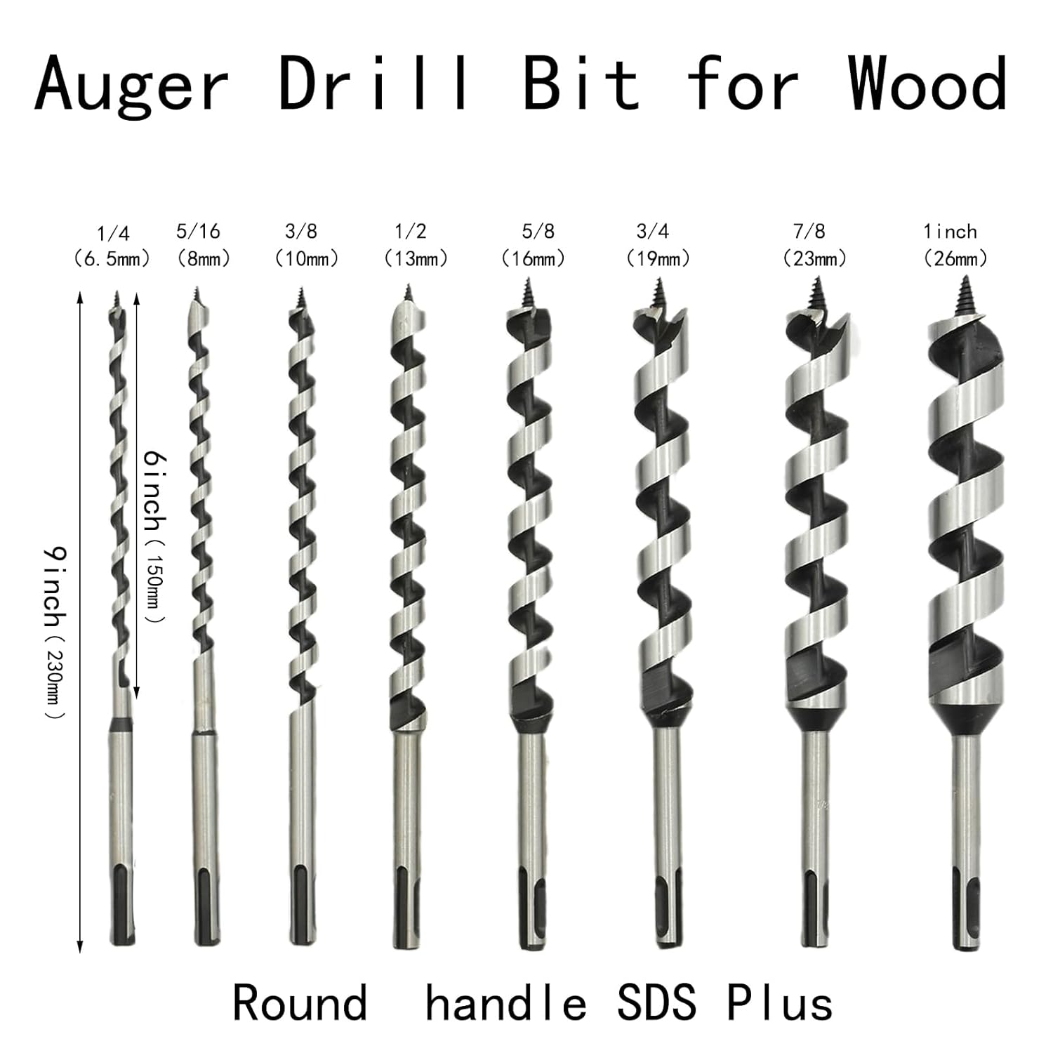 8PCS Wooden Box SDS Plus Shank, Auger Drill Bit for Wood, 9inch Long Drill Bits Soft and Hard Wood, Plastic, Drywall and Composite Materials.1/4,5/16,3/8,1/2,5/8,3/4,7/8,1”
