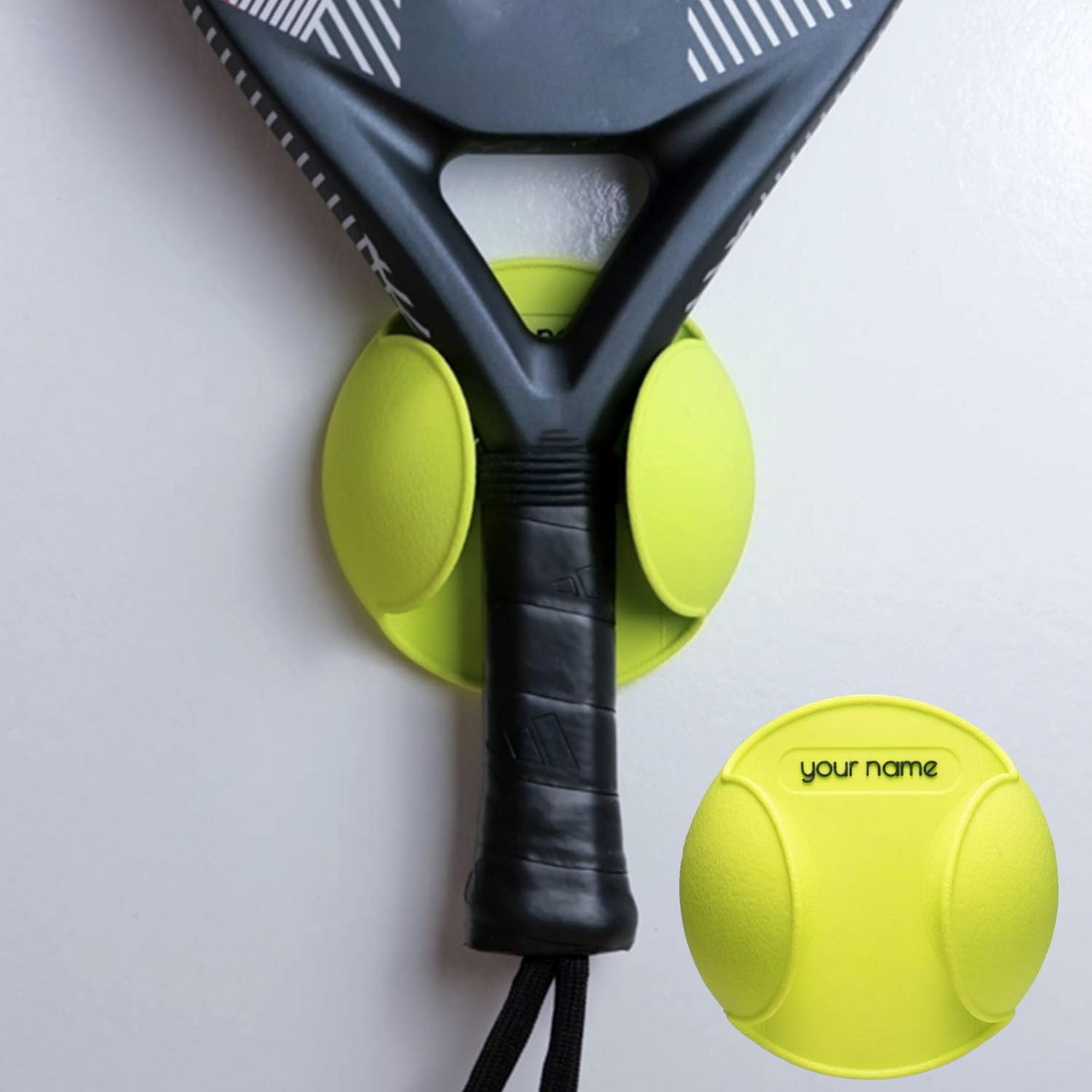 Padel Racket Wall Mount Holder, Personalized Tennis Ball Shape Racquet Hanger, Minimalist Display Rack for Padel and Racketball, Damage-Free Wall Storage with Command Strips
