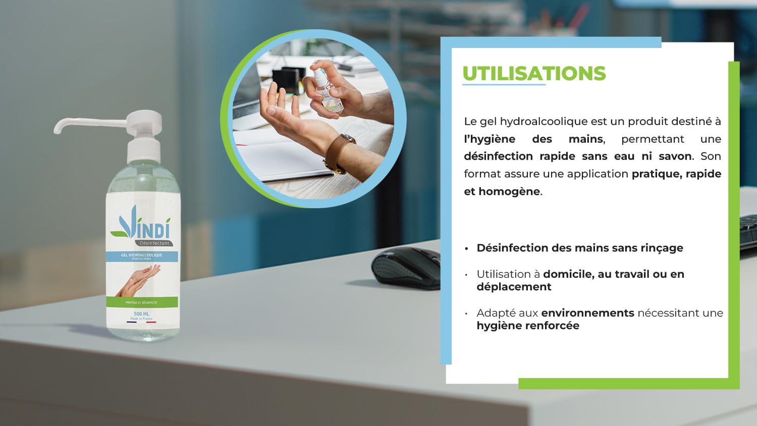 Vindi Désinfectant gel hydroalcoolique - Lot de 4 flacons pompe de 500ml - Fabrication Française - 76% d'alcool - Désinfection des mains - Virucide