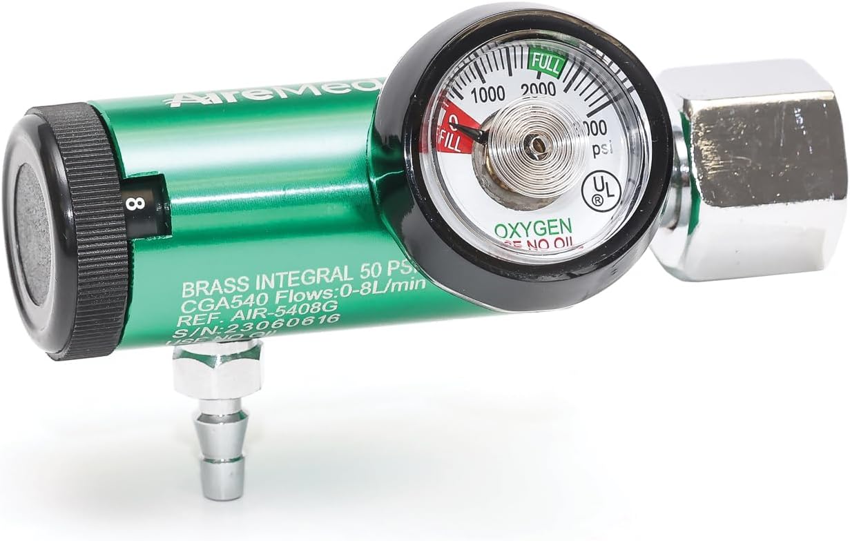 AireMed Oxygen Regulator 0-8LPM, CGA-540 Gauge – Brass Sleeve - 12 Preset Flow Settings - Dependable Oxygen Regulator