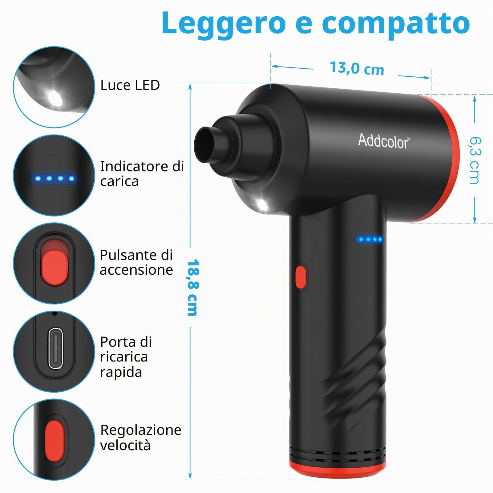 Elettrico Rimuovi Polvere Aria Compressa 6000mAh, AD-38 Air Duster per Ufficio Tastiera, 3 Velocità Vento Regolabili con Luce LED, Spolverino Ad Aria Compressa Senza Fili e Riutilizzabile