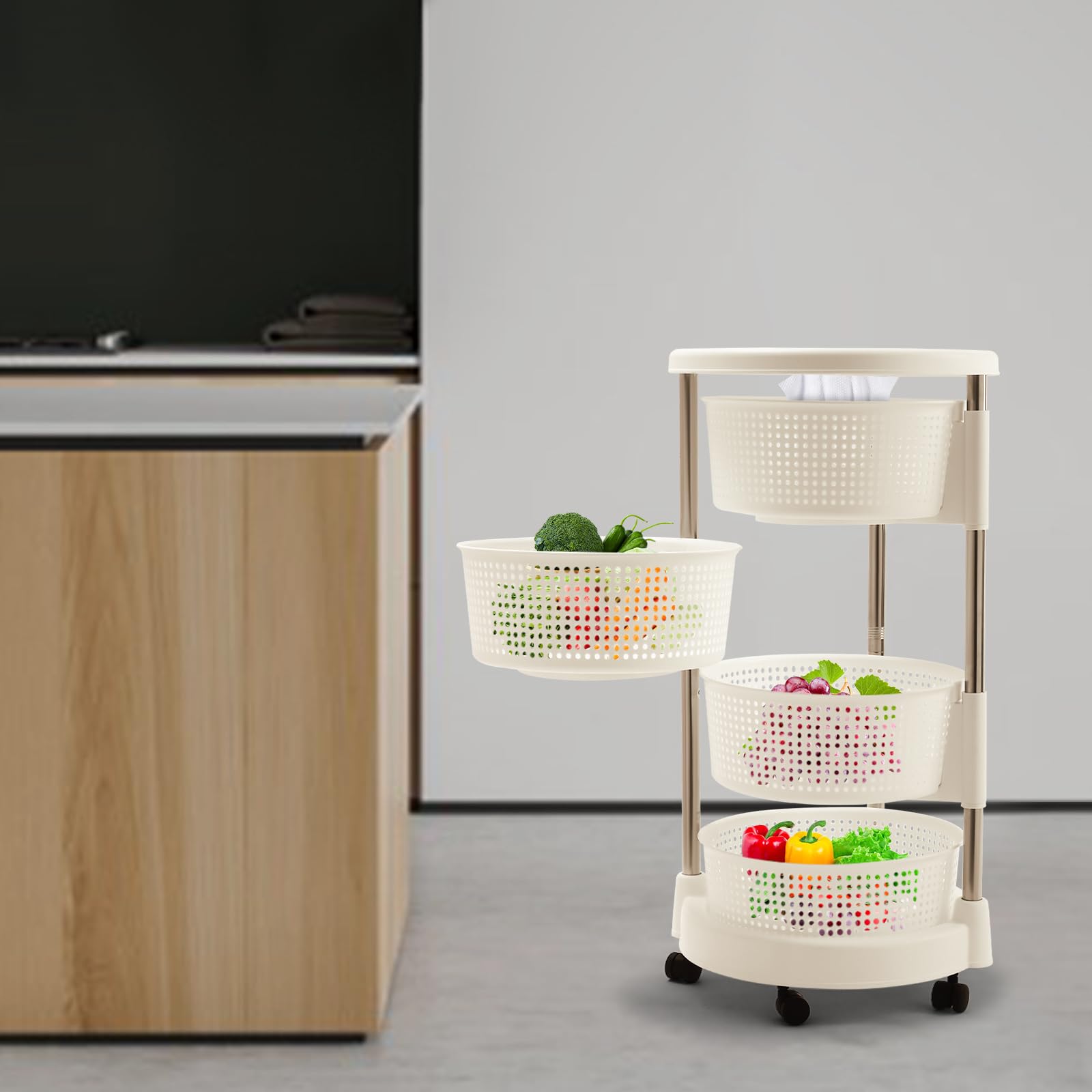 Gemüseregal für Küche, 4 Etagen Aufbewahrungsregal Küche mit Rädern, 360° Drehbares Obst und Gemüsekorb Obstwagen Küchenregal für Küche Bad Wohnzimmer
