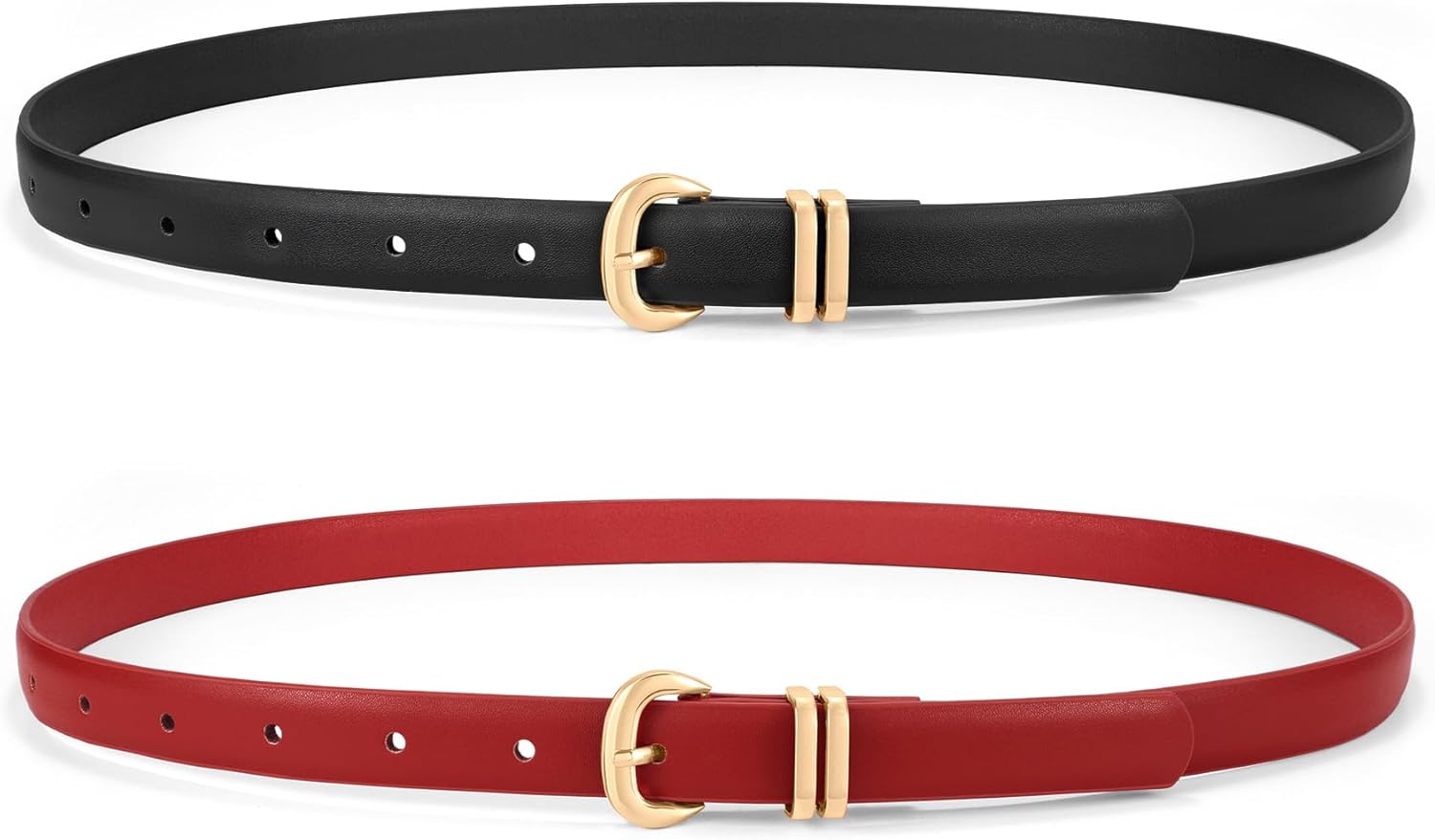 WHIPPY 2 Pack Skinny Leather Belts for Women Thin Ladies Fashion Belt C-Shaped Gold Buckle Black Belt for Jeans Pants Dresses