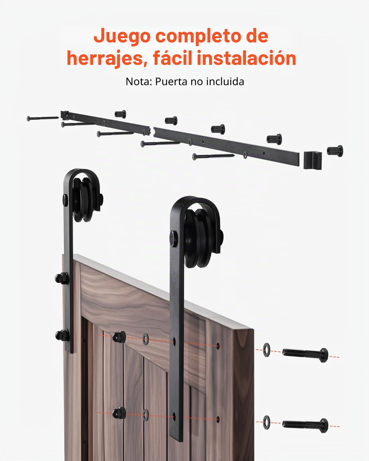 VEVOR Kit de Herrajes para Puerta Corrediza de Granero de Acero al Carbono Riel de 1,83 m para Una Sola Puerta Ancho Máximo de 91,44 cm Espesor de 34,92-44,45 mm Carga de 150 kg para Hogar, Negro