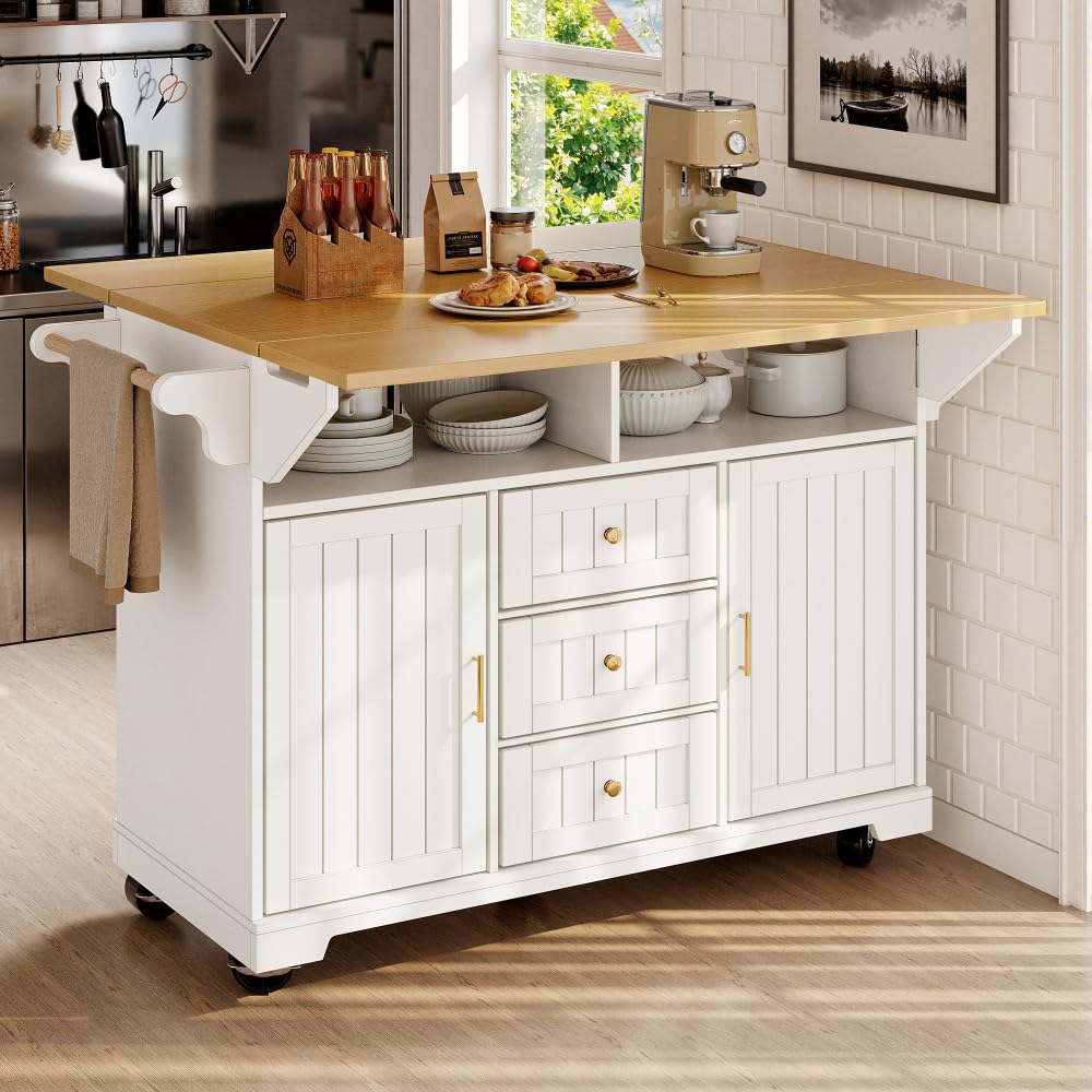 Multifunctional Kitchen Island Cart, Extendable Bar Table, Mobile Sideboard with Storage, Adjustable Shelves, Spice Rack, Towel Rail, Drop-Leaf Table, Rolling Home Bar for Kitchen (White-B, 120*80*95)