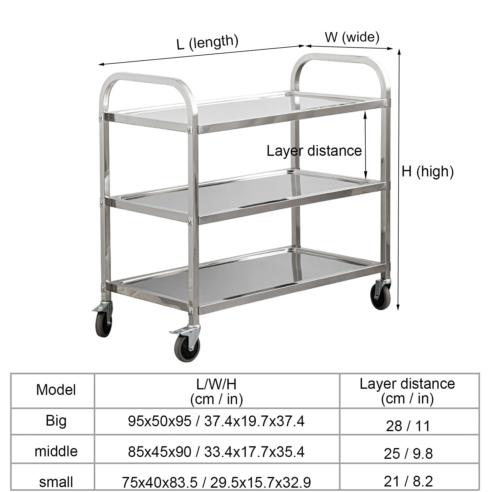Carrello di Servizio 2/3 Piani in Acciaio Inox Carrello di Servizio con Ruote Staccabile Carrello da Cucina con Ruote bloccabili ripiano portaoggetti Carrello,3 strati-75 * 40 * 83.5