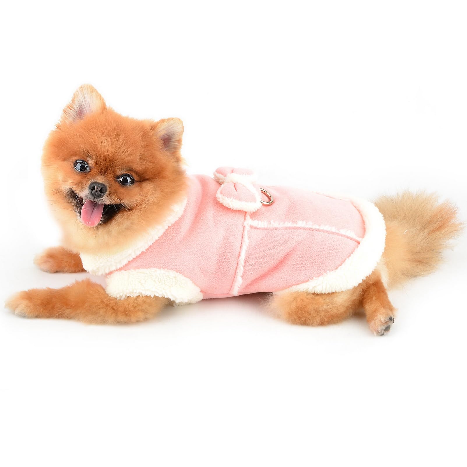 SMALLLEE_LUCKY_STORE Fleece Dog Coat for Small Dog Girls Pet Harness Jacket with Bow and D-ring - Image 3