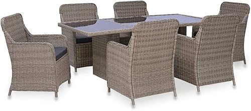 KTHLBRH Juego de comedor de 7 piezas de ratán de polietileno marrón, mesa y sillas de patio al aire libre, juego de muebles de patio para