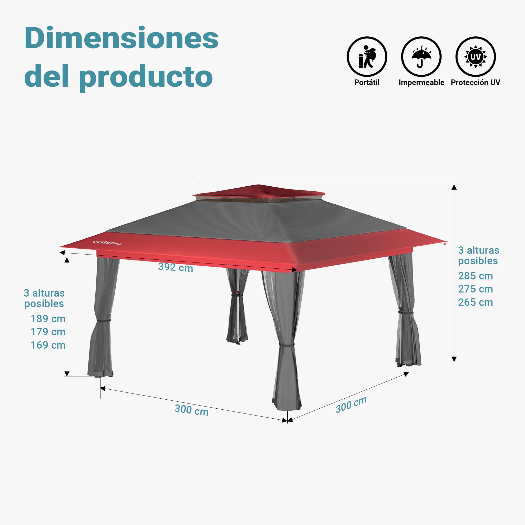 Wiltec Carpa Plegable Gris Rojo con protección contra los Mosquitos 3,92 x 3,92 m Fiestas jardín Exterior