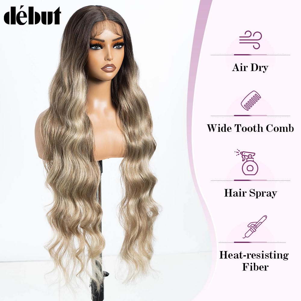 Long Wavy Lace Front Wigs 13x4 Middle Part Synthetic Body Wave Lace Wig for Women Slight Pre Plucked Hairline with Baby Hair Ombre Ash Blonde 36 Inches