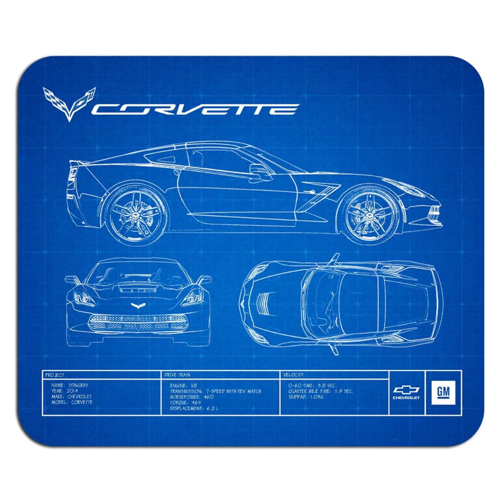 C7 Corvette Stingray Blueprint Mouse Pad - Non-Slip Desk Mat with Stable Rubber Base for Desktop - Officially Licensed by GM