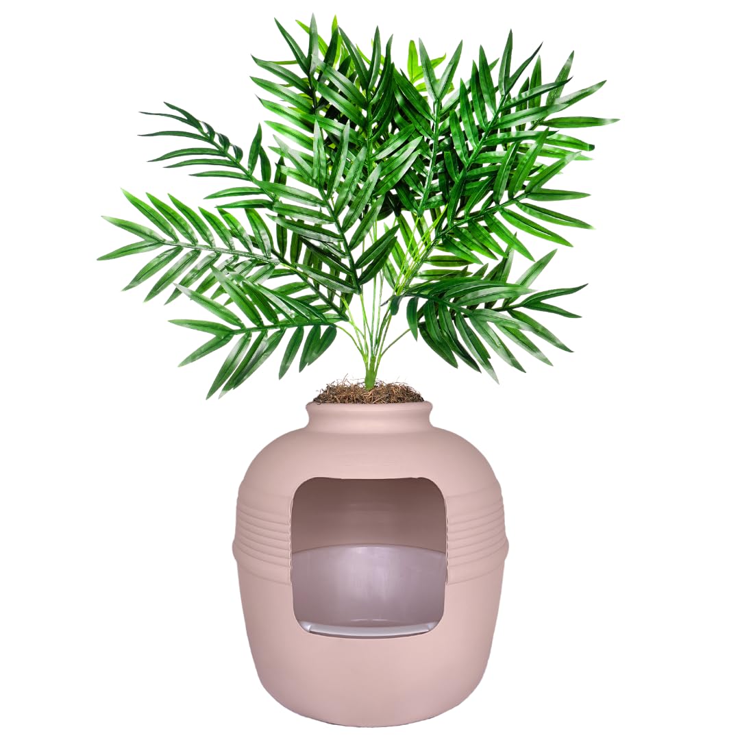 Good Pet Stuff Hidden Cat Litter Box Enclosure with Artificial Plant, Decorative Round Planter, Removable Tray, Charcoal Filter Odor Control,