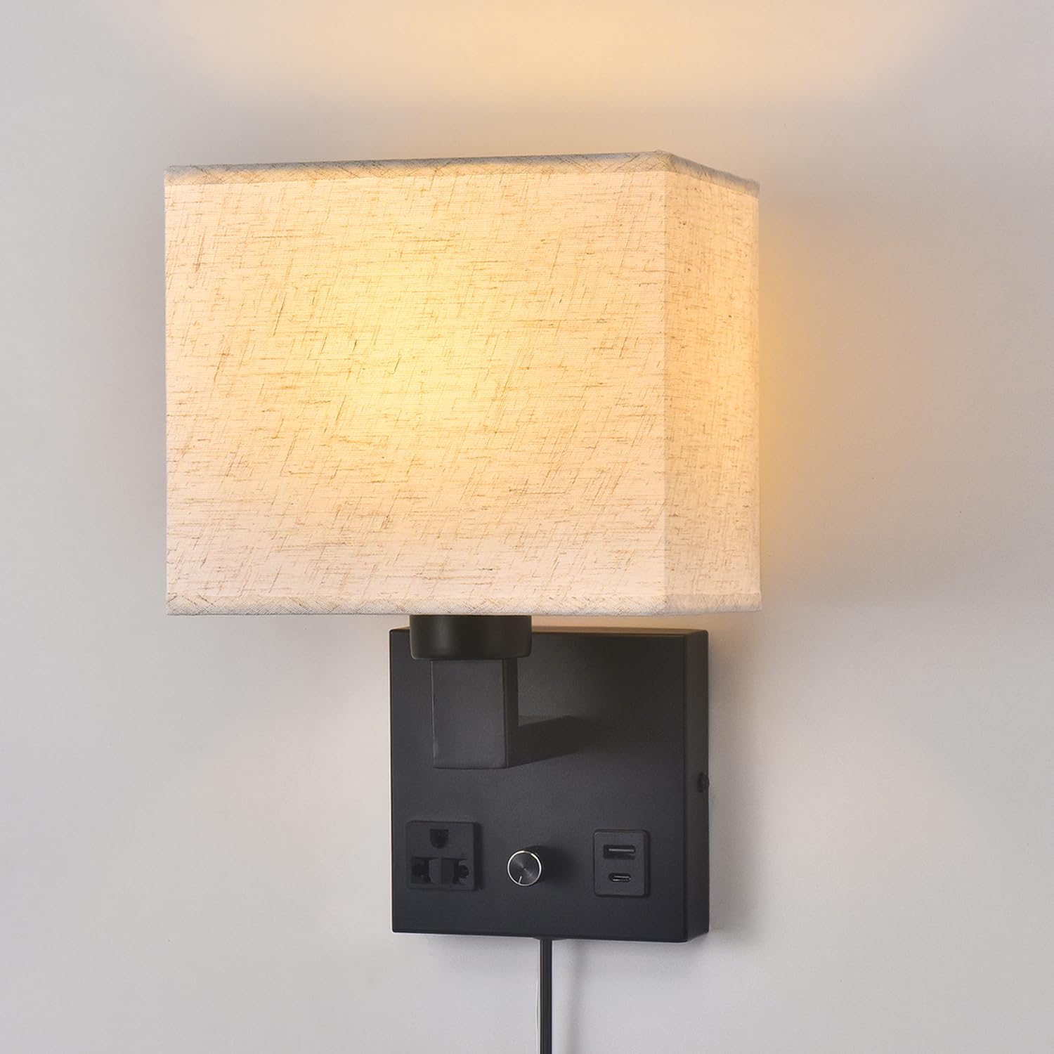 Lampa ścienowa do sypialni, lampa ścienowa do podłączenia - Przełącznik z regulacją jasności z gniazdem sieciowym i portem USB - Abażur z tkaniny - Czarna lampa ścienowa do salonu
