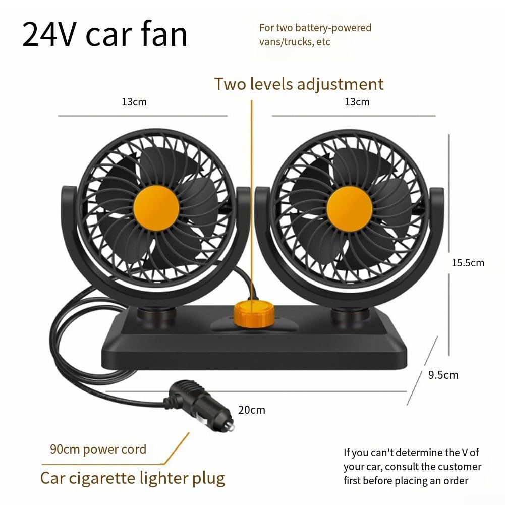 Ventilador de coche de doble cabezal alimentado por USB, compatible con 5 V, 12 V, 24 V, 2 ajustes de velocidad ajustables y cabezales de ventilador giratorios de 360 grados para una refrigeración
