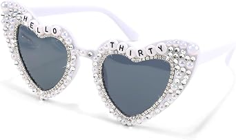 KICOSY Hello Thirty Sunglasses - Heart-Shaped Birthday Glasses with Rhinestones & White Pearls - 30th Birthday Decorations for Women | Fabulous 30th Birthday Gifts