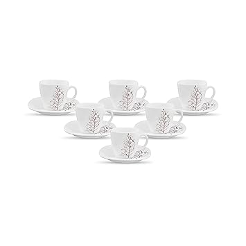 La Opala Diva, Quadra Collection, Opal Glass Cup & Saucer Set 12 pcs, Autumnal, White