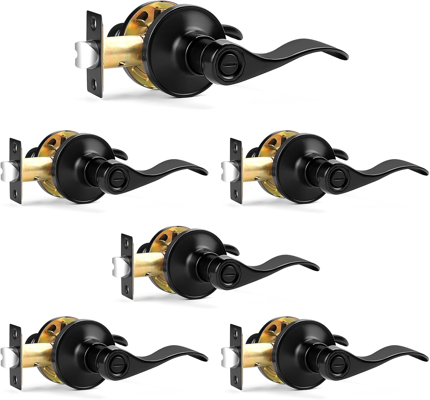 Probrico Wave Style Privacy Door Handles Interior Black Door Lever Lock Keyless Door Lockset for Bedroom and Bathroom Reversible Door Handle Knob for Left and Right Handed Doors, 6 Pack