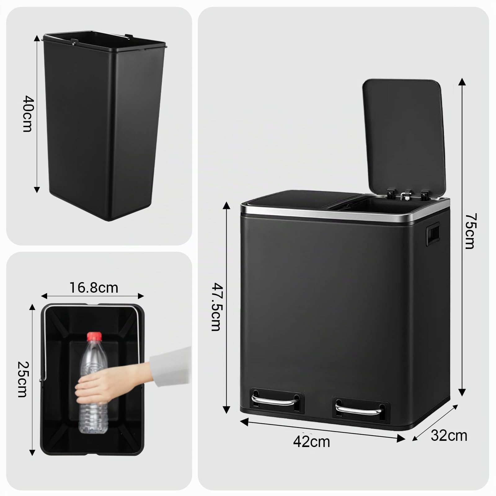 LIFERUN Cubos De Basura De Reciclaje de Doble Compartimentos con 2x 15 L Cubos Interiores de Plástico y Asas, Bote de Basura de Metal con Tapa de Cierre Lento y Pedal, Negro