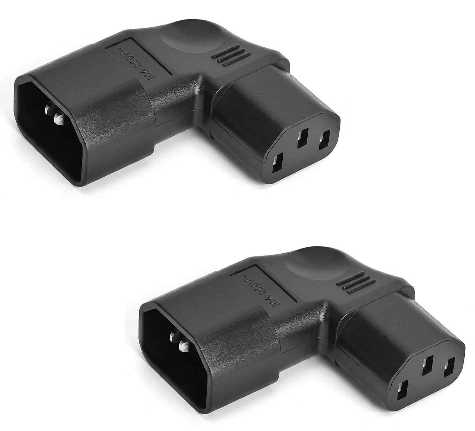 zestaw 2 sztuk kątowych kabli zasilających, wtyczka IEC C14 do gniazda C13, wtyczka zasilająca kątowa, kąt 90 stopni, kabel zasilający 3-pinowy, 250 V 10 A, gniazdo do PDU, komputera, telewizora HD