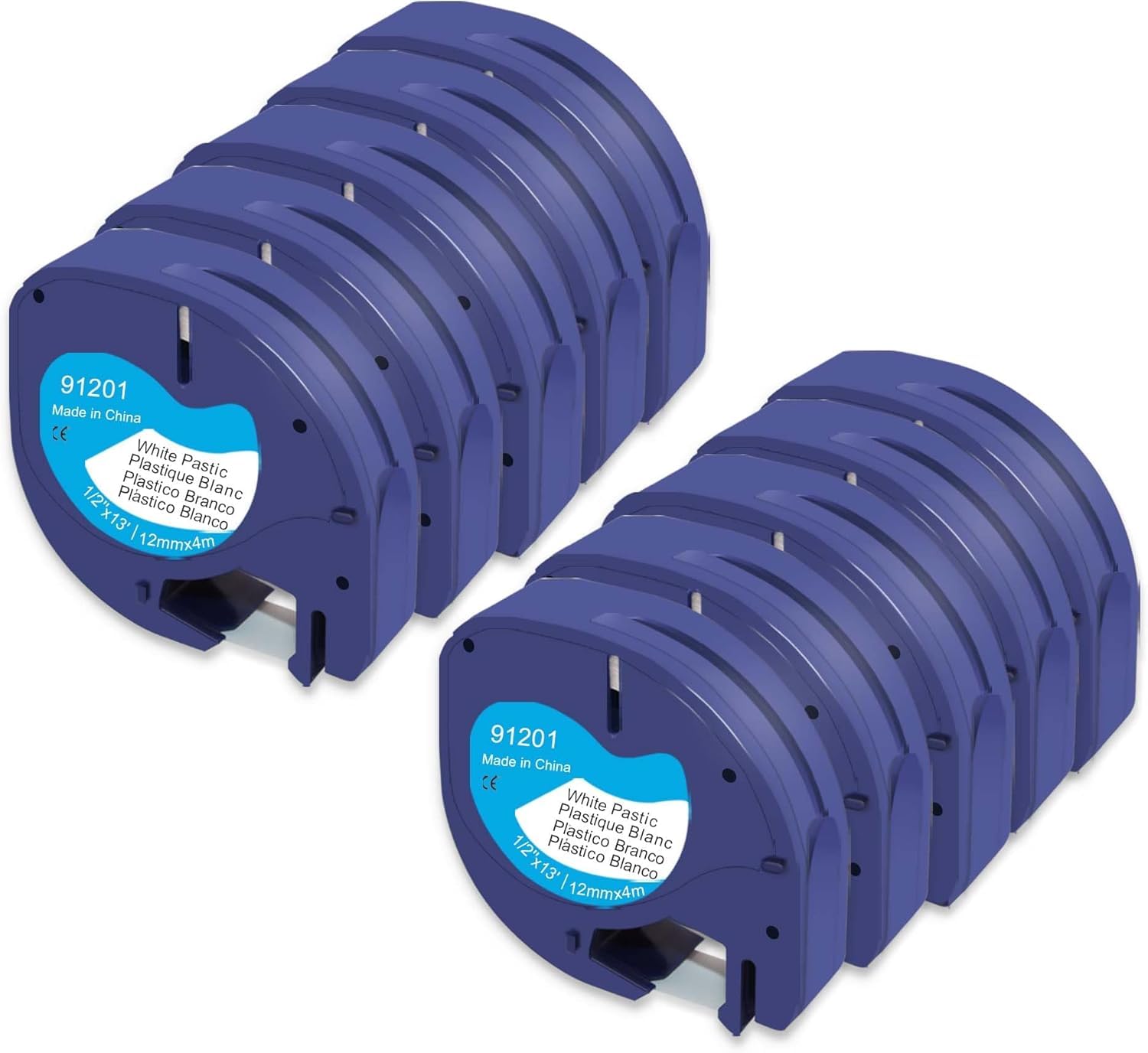 91221 S0721660 91201, confezione da 10 rulli, nastro plastico Compatibile con DYMO LetraTag nero su bianco da 12 mm x 4 m, compatibile with con stampanti di etichette LT-100H, LT110T, LT-100T.