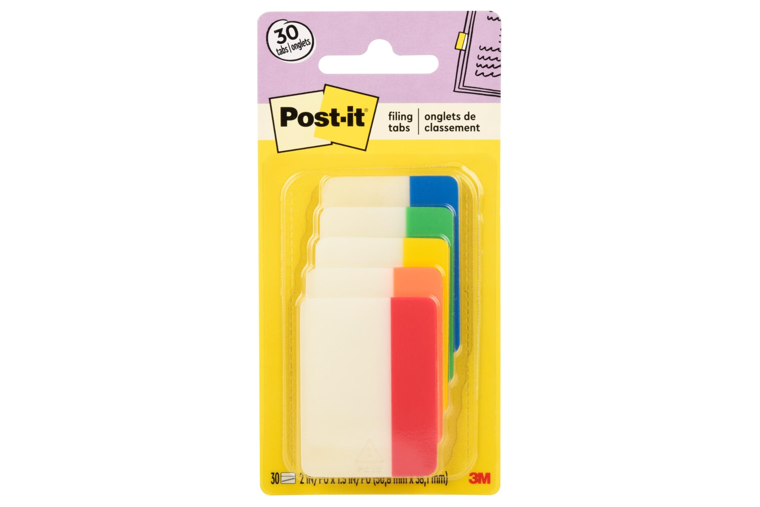 Post-it 2 in Solid Assorted Color Tabs, Sticks Securely, Removes Cleanly, Great for Binders, Notebooks and File Folders, 30 Count (686-ROYGB)