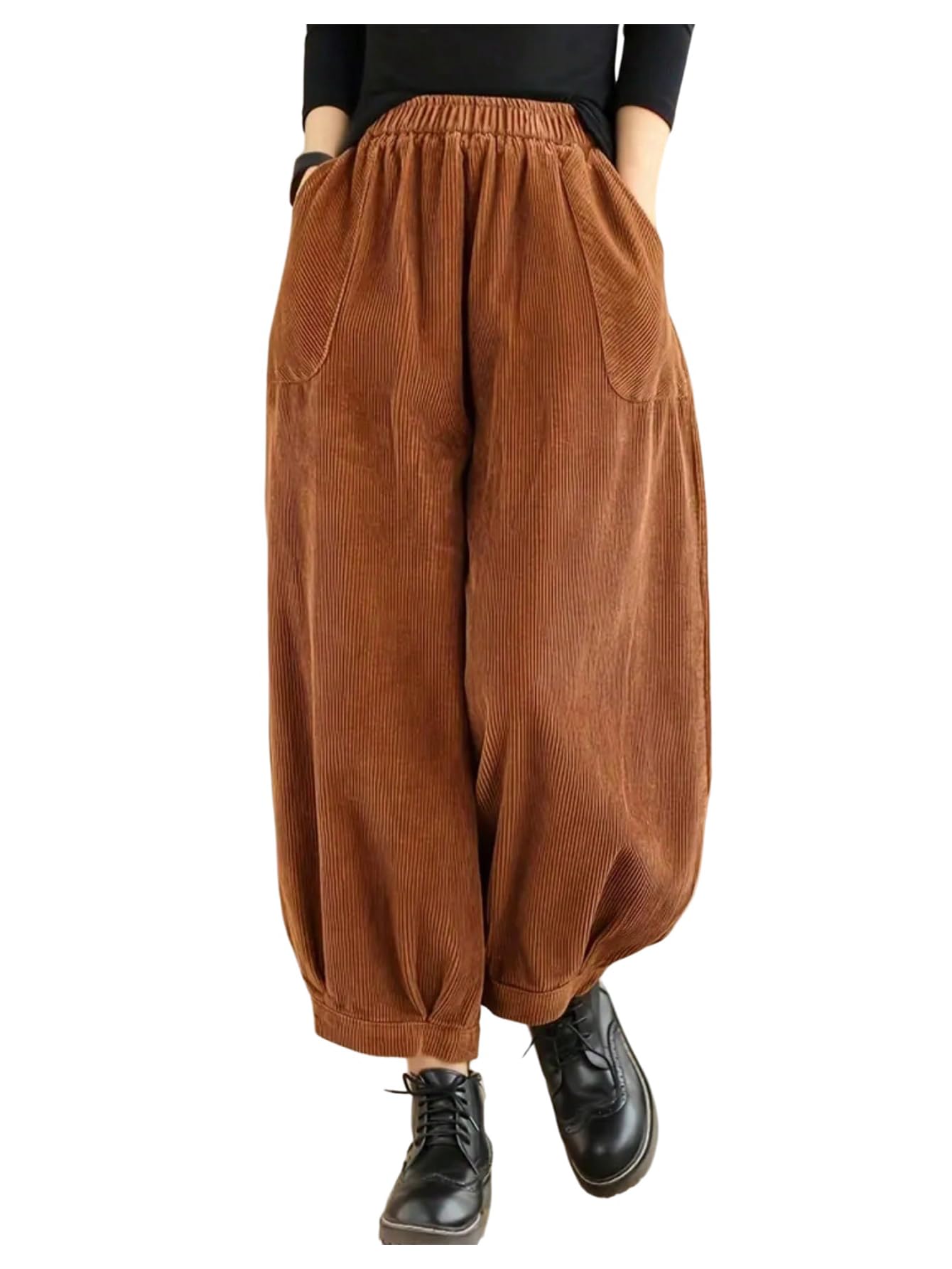 MakeMeChic Womens Fall Streetwear Corduroy Pants Elastic Waisted Baggy Trousers with Pocket