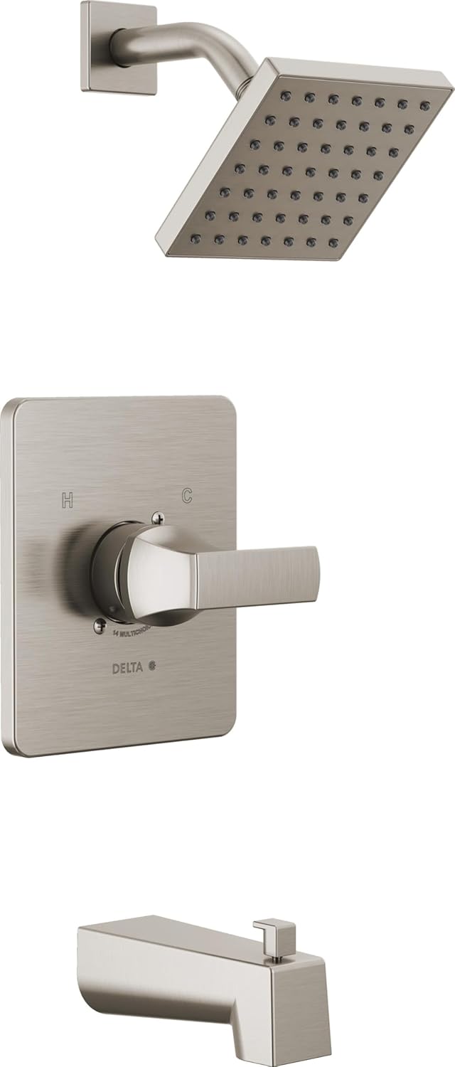 Delta Velum 14 Series Square Bathtub and Shower Faucet Set, Chrome Shower Head and Handle Set, Valve Trim Kit, Chrome T14437 (Valve Not Included)