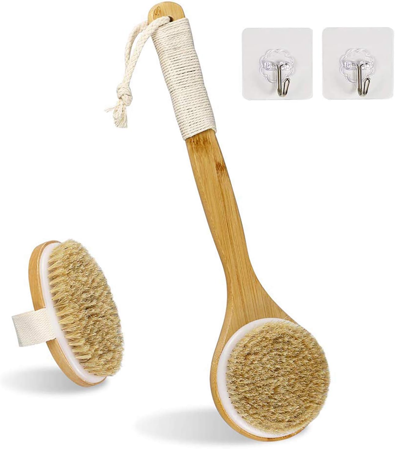 Dry Brush Bath Body Brush with Natural Bristle Shower Brush for Exfoliating Skin, Stimulating Blood Circulation, Massaging The Skin and Improving Skin Health, Set of 2, with 2 Wall Hook