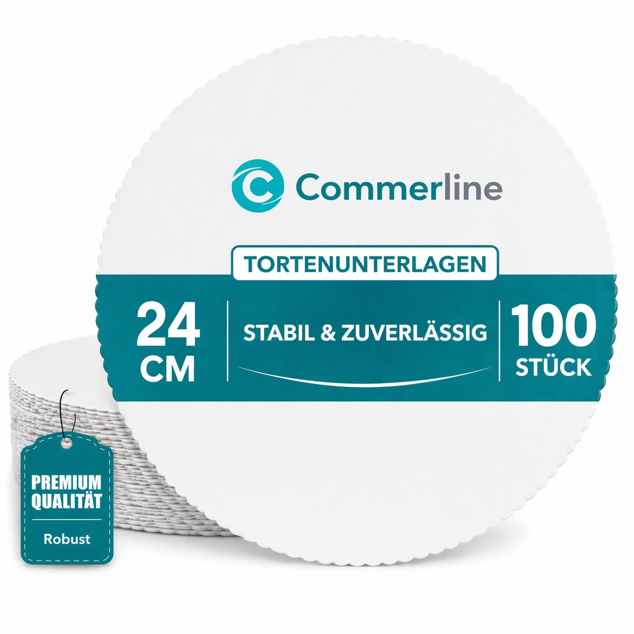 Commerline 100 bases para tartas de 24 cm de diámetro, redondas, color blanco, aptas para alimentos, cartón para cakeboard, desechables, para tartas y tartas