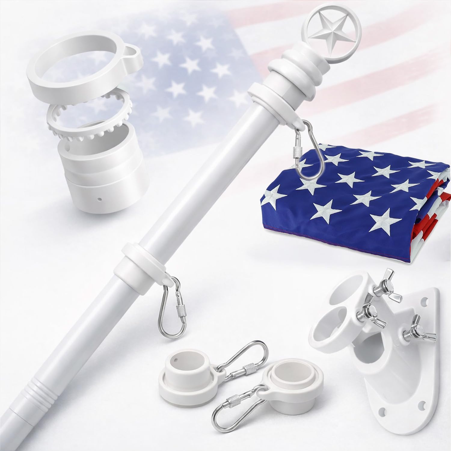American Flag With Pole Kit For Outside House - 5ft Heavy Duty Metal Flagpole,3x5 Embroidered Us Flags,Tangle Free,Aluminum Bracket For Residential Commercial Use - Portable For Outdoor - White