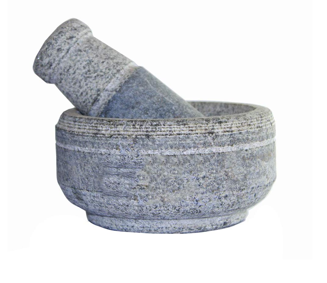 PRINA E-SHOP Granite Unpolished Stone Mortar and Pestle Set for Spices, Okhli Masher, Musal, Well Design for Kitchen, Home, Herbs (Grey_14cm x 14cm x 7.6cm)