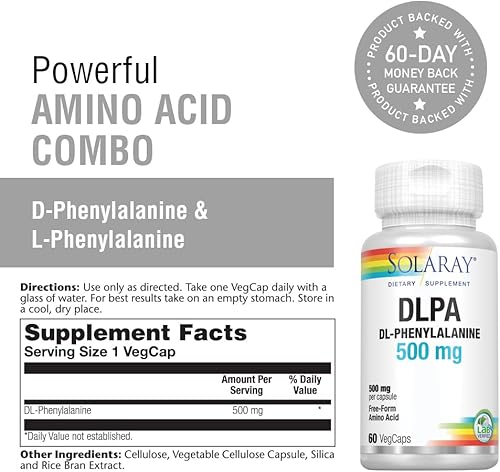 Miniatura 3 de SOLARAY DL-fenilalanina, 500 mg  Mezcla 50-50 de aminoácidos esenciales para el sistema nervioso, el estado de ánimo y el apoyo energético  60